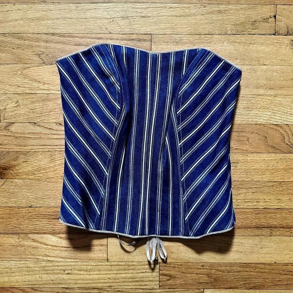 Y2K Corset Blouse Women's Size Medium John Festa Cotton Blue Striped Bustier